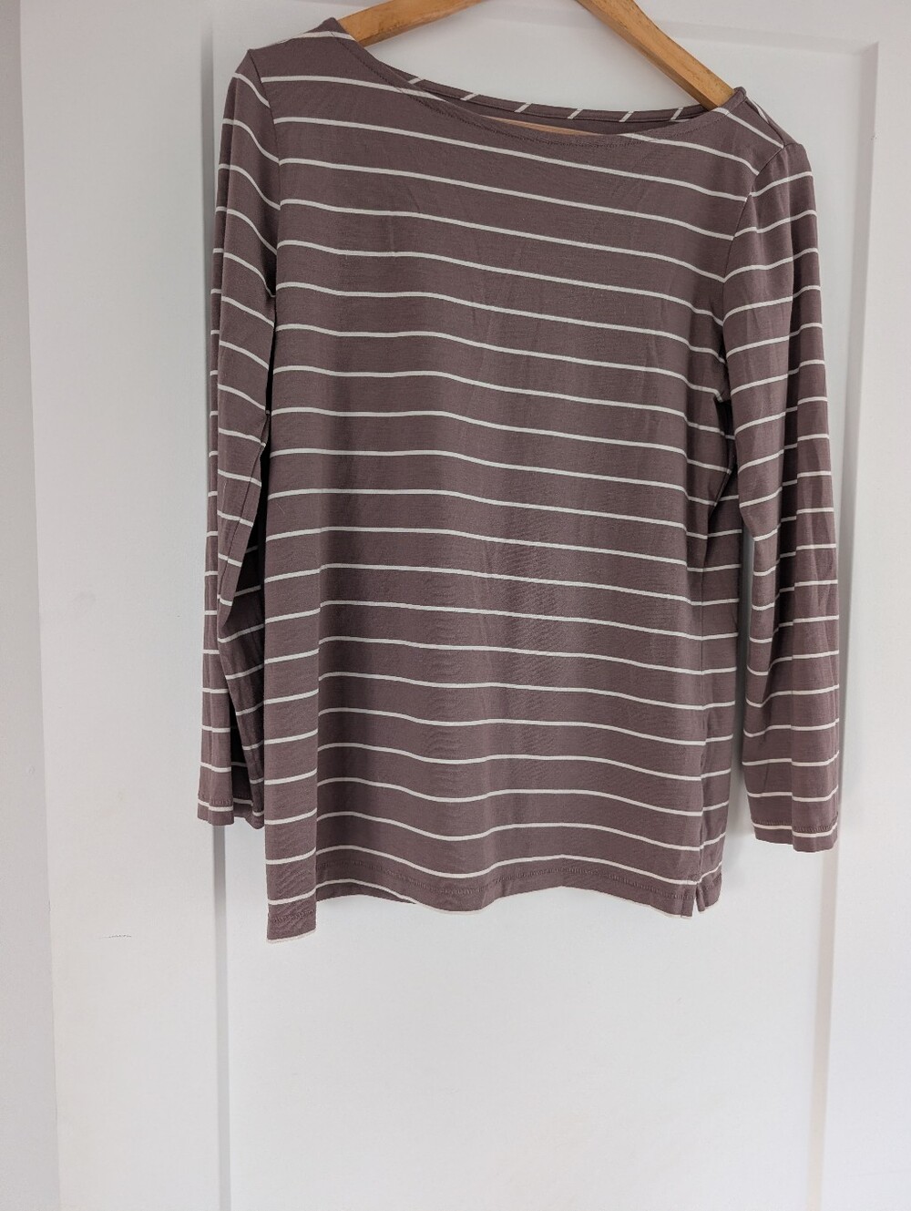 L.L. Bean Taupe and White Striped Long-Sleeve Shirt